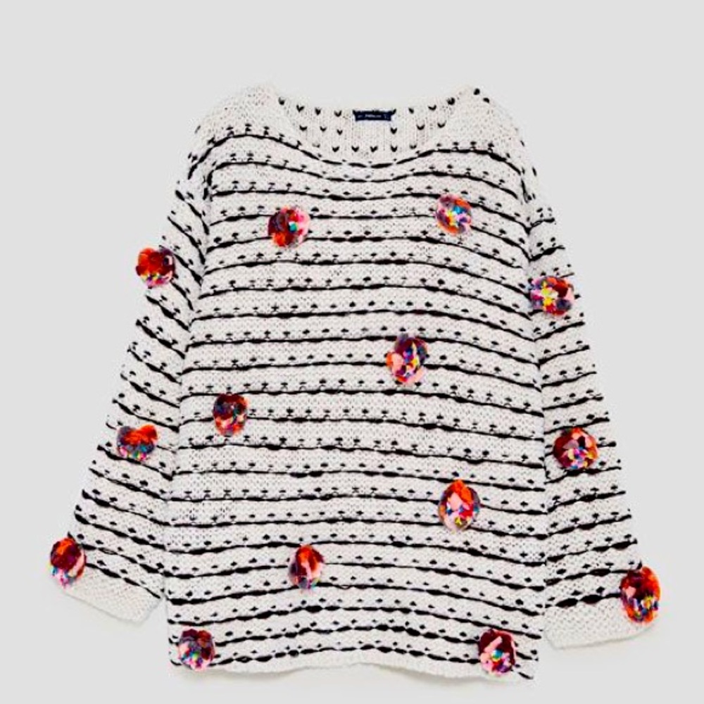 Zara knit | Multicolor Pom Pom Striped Oversized Sweater Small